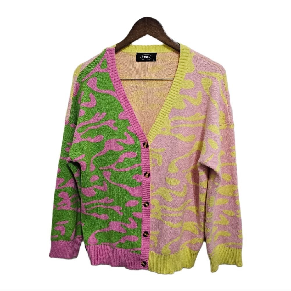 Bright cardigan button pink green yellow knit sweater size XL